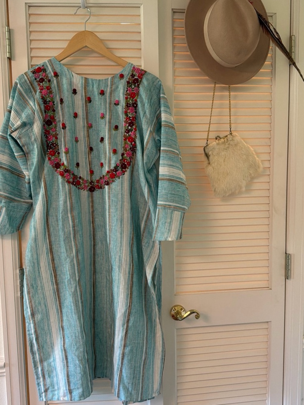 Light Teal Striped Embroidered Women’s Dress